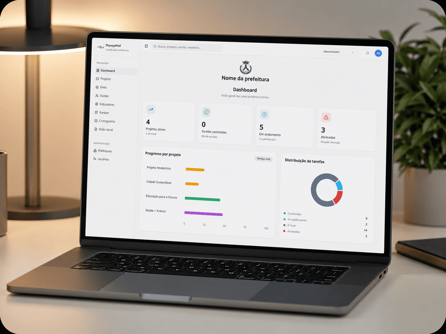 Painel do PlanejaPref com projetos, kanban de tarefas e indicadores de resultado